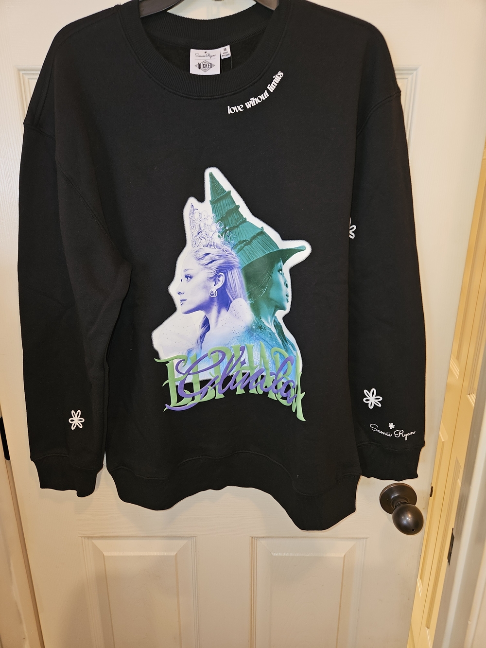 Black Graphic Crewneck Sweatshirt with Green & Purple Motif
